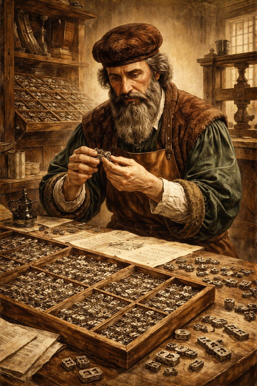 Johannes Gutenberg an seiner Druckerpresse