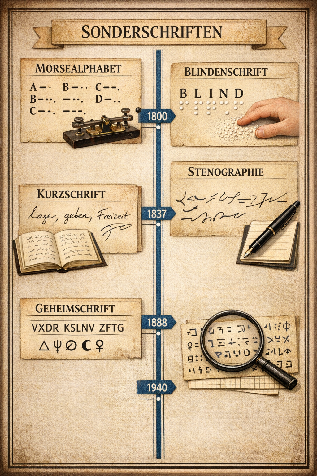 Übersicht über Sonderschriften wie Stenografie, Braille und Morse
