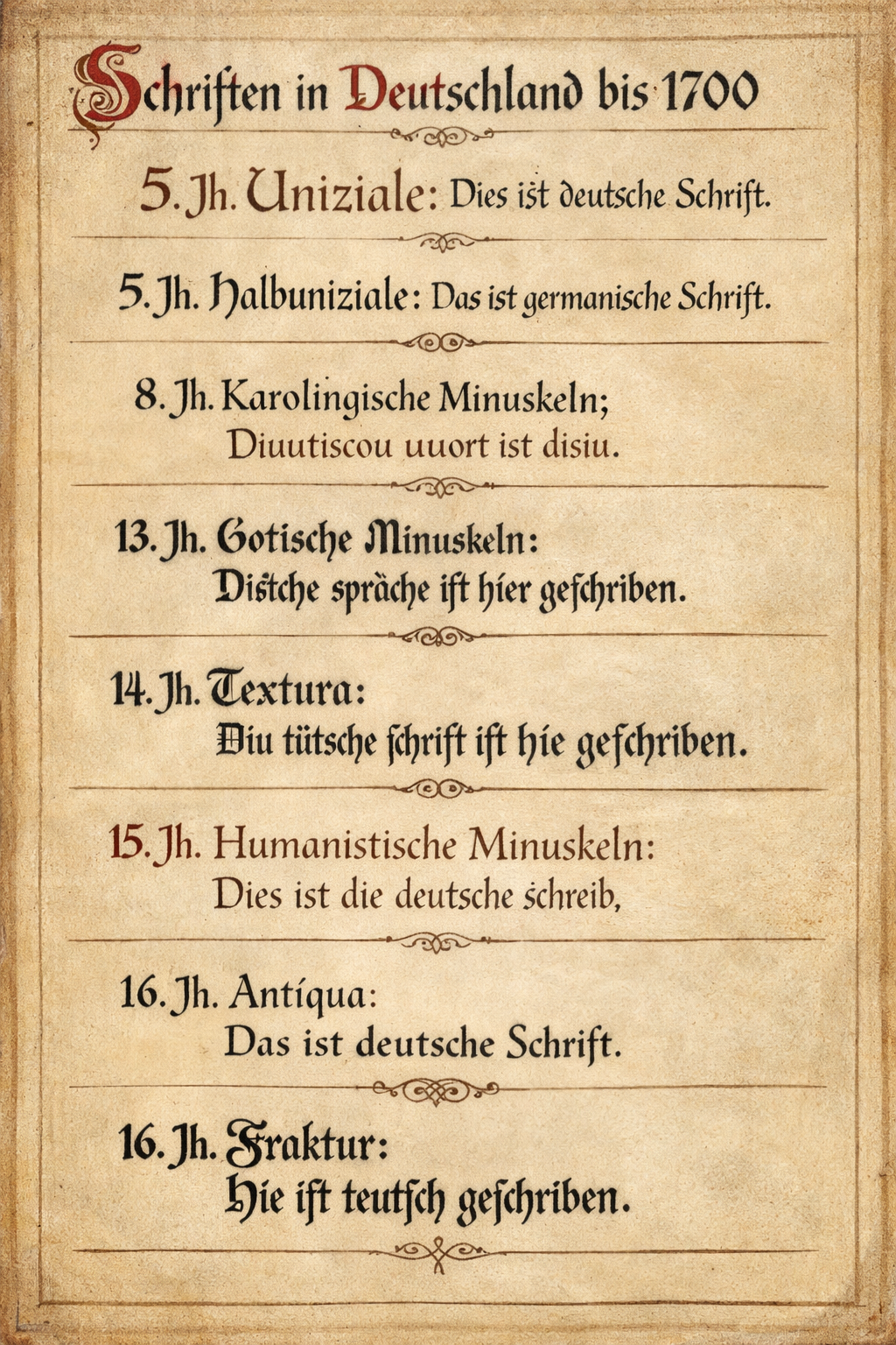 Übersicht deutscher Schriftformen vom 5. bis 17. Jahrhundert