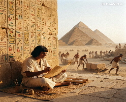 Schreiber beim Pyramidenbau mit Papyrus