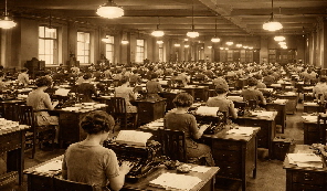 Großraumbüro um 1920 mit Schreibmaschinen