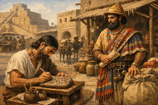 Sumerischer Schreiber mit Keilschrift in Ton